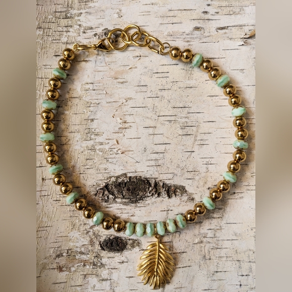 Green Spearmint Glass and Gold Ball Beads in Statement Gold Plated Necklace - Picture 7 of 10